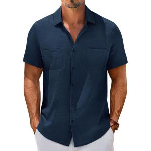 PJ PAUL JONES Mens Short Sleeve Button Down Shirts Summer Beach Shirts Untuckit Cotton Shirt with Pocket(Navy Blue-two Pocket)