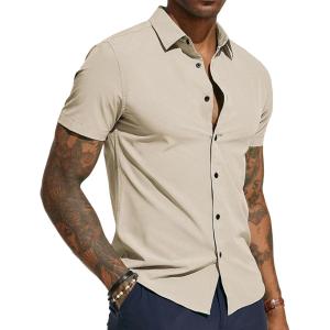 PJ PAUL JONES Mens Short Sleeve Button Down Shirts Wrinkle Free Stretch Dress Shirts for Men Casual Formal Shirt(Beige)