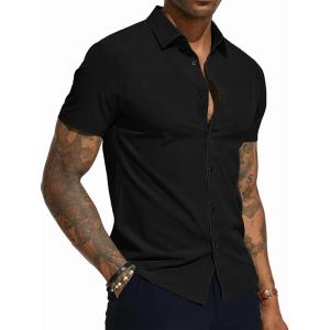 PJ PAUL JONES Mens Short Sleeve Button Down Shirts Wrinkle Free Stretch Dress Shirts for Men Casual Formal Shirt(Black)