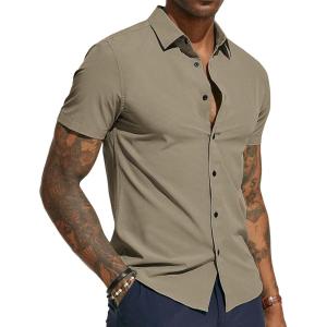 PJ PAUL JONES Mens Short Sleeve Button Down Shirts Wrinkle Free Stretch Dress Shirts for Men Casual Formal Shirt(Khaki)