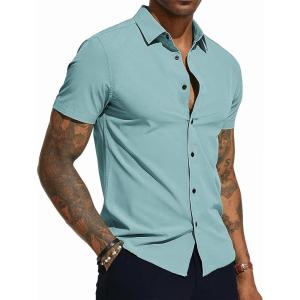 PJ PAUL JONES Mens Short Sleeve Button Down Shirts Wrinkle Free Stretch Dress Shirts for Men Casual Formal Shirt(Light Blue)