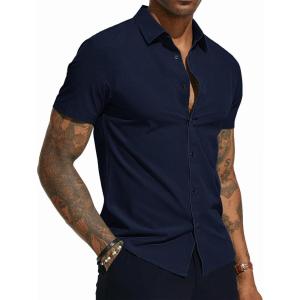 PJ PAUL JONES Mens Short Sleeve Button Down Shirts Wrinkle Free Stretch Dress Shirts for Men Casual Formal Shirt(Navy Blue)