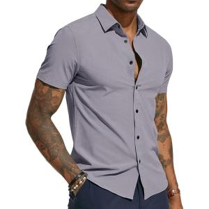 PJ PAUL JONES Mens Short Sleeve Button Down Shirts Wrinkle Free Stretch Dress Shirts for Men Casual Formal Shirt(Purple Grey)