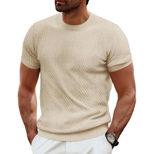 PJ PAUL JONES Men’s Short Sleeve Knit T-Shirts Casual Crewneck Solid Texture Knit Shirt(Apricot)