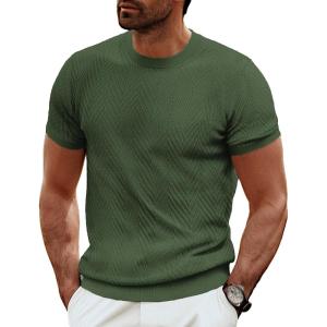 PJ PAUL JONES Men’s Short Sleeve Knit T-Shirts Casual Crewneck Solid Texture Knit Shirt(Army Green)