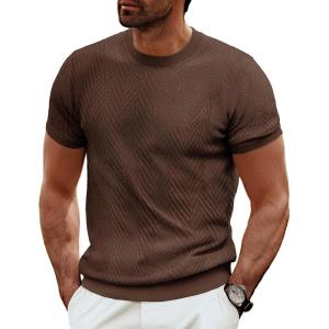PJ PAUL JONES Men’s Short Sleeve Knit T-Shirts Casual Crewneck Solid Texture Knit Shirt(Coffee)