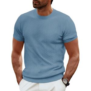 PJ PAUL JONES Men’s Short Sleeve Knit T-Shirts Casual Crewneck Solid Texture Knit Shirt(Grey Blue)
