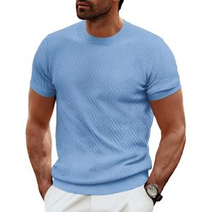 PJ PAUL JONES Men’s Short Sleeve Knit T-Shirts Casual Crewneck Solid Texture Knit Shirt(Light Blue)