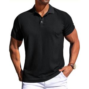 PJ PAUL JONES Mens Short Sleeve Texture Polo Shirts Casual Wrinkle Free Stretch Knit Golf Shirt Tops(Black)