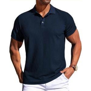 PJ PAUL JONES Mens Short Sleeve Texture Polo Shirts Casual Wrinkle Free Stretch Knit Golf Shirt Tops(Dark Blue)