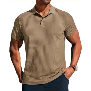 PJ PAUL JONES Mens Short Sleeve Texture Polo Shirts Casual Wrinkle Free Stretch Knit Golf Shirt Tops(Light Brown)