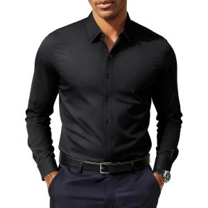 PJ PAUL JONES Men’s Slim Fit Dress Shirts Business Casual Long Sleeve Stretch Wrinkle Free Shirt(Black)