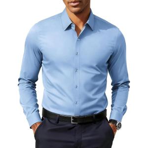 PJ PAUL JONES Men’s Slim Fit Dress Shirts Business Casual Long Sleeve Stretch Wrinkle Free Shirt(Blue)
