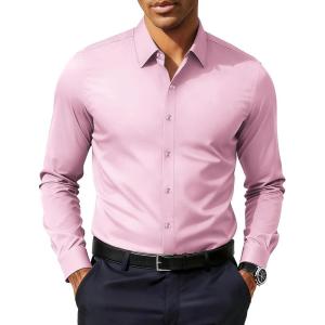 PJ PAUL JONES Men’s Slim Fit Dress Shirts Business Casual Long Sleeve Stretch Wrinkle Free Shirt(Pink)