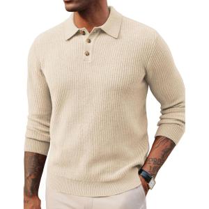 PJ PAUL JONES Mens Sweater Cable Knit Polo Collar Sweaters for Fall Winter(Apricot)