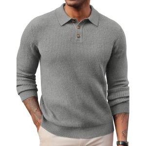PJ PAUL JONES Mens Sweater Cable Knit Polo Collar Sweaters for Fall Winter(Dark Grey)