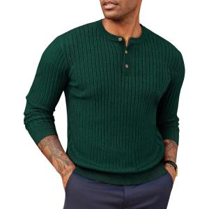 PJ PAUL JONES Mens Sweater Casual Henley Pullover Cable Knitted Sweater(Dark Green)