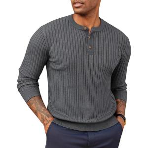 PJ PAUL JONES Mens Sweater Casual Henley Pullover Cable Knitted Sweater(Grey)