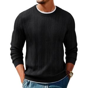 PJ PAUL JONES Mens Sweater Crew Neck Textured Long Sleeve Knitted Pullover Sweaters(Black)