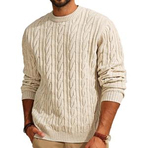 PJ PAUL JONES Mens Sweater Crewneck Cable Knit Pullover Sweater Casual Twist Textured Sweaters(Apricot)