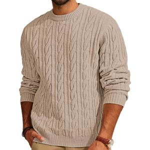 PJ PAUL JONES Mens Sweater Crewneck Cable Knit Pullover Sweater Casual Twist Textured Sweaters(Beige)