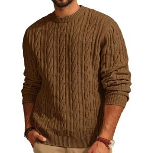 PJ PAUL JONES Mens Sweater Crewneck Cable Knit Pullover Sweater Casual Twist Textured Sweaters(Brown)