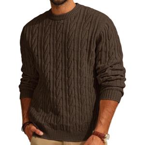 PJ PAUL JONES Mens Sweater Crewneck Cable Knit Pullover Sweater Casual Twist Textured Sweaters(Coffee)
