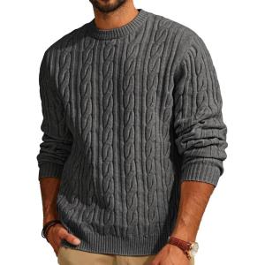 PJ PAUL JONES Mens Sweater Crewneck Cable Knit Pullover Sweater Casual Twist Textured Sweaters(Dark Gray)