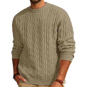 PJ PAUL JONES Mens Sweater Crewneck Cable Knit Pullover Sweater Casual Twist Textured Sweaters(Khaki)