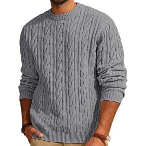 PJ PAUL JONES Mens Sweater Crewneck Cable Knit Pullover Sweater Casual Twist Textured Sweaters(Light Gray)