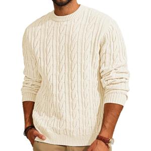 PJ PAUL JONES Mens Sweater Crewneck Cable Knit Pullover Sweater Casual Twist Textured Sweaters(White)