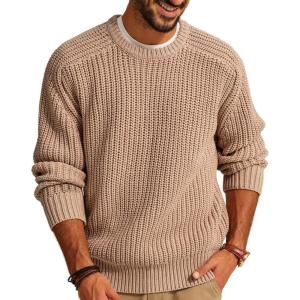 PJ PAUL JONES Mens Sweater Crewneck Knit Sweaters Casual Textured Pullover Sweater(Khaki)