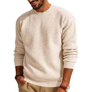PJ PAUL JONES Mens Sweater Crewneck Knit Sweaters Casual Waffle Pullover Sweater for Men(Apricot)