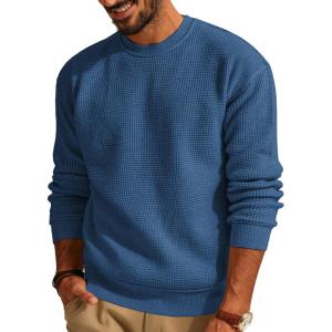 PJ PAUL JONES Mens Sweater Crewneck Knit Sweaters Casual Waffle Pullover Sweater for Men(Blue)
