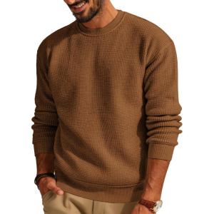 PJ PAUL JONES Mens Sweater Crewneck Knit Sweaters Casual Waffle Pullover Sweater for Men(Brown)