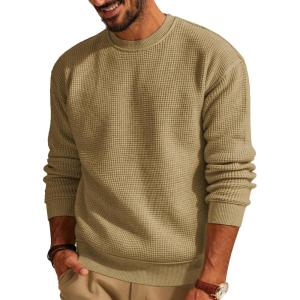 PJ PAUL JONES Mens Sweater Crewneck Knit Sweaters Casual Waffle Pullover Sweater for Men(Khaki)