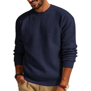 PJ PAUL JONES Mens Sweater Crewneck Knit Sweaters Casual Waffle Pullover Sweater for Men(Navy Blue)