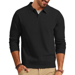 PJ PAUL JONES Mens Sweater Long Sleeve V Neck Pullover Sweater Knitted Textured Sweater(Black)