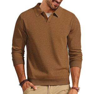 PJ PAUL JONES Mens Sweater Long Sleeve V Neck Pullover Sweater Knitted Textured Sweater(Coffee)