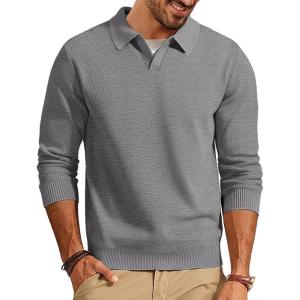 PJ PAUL JONES Mens Sweater Long Sleeve V Neck Pullover Sweater Knitted Textured Sweater(Dark Grey)