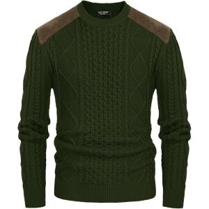 PJ PAUL JONES Mens Sweater Military Cable Knit Crewneck Vintage Long Sleeve Pulllover Sweaters with Suede Patchwork(Army Green)