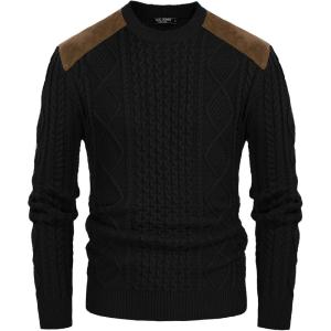 PJ PAUL JONES Mens Sweater Military Cable Knit Crewneck Vintage Long Sleeve Pulllover Sweaters with Suede Patchwork(Black)
