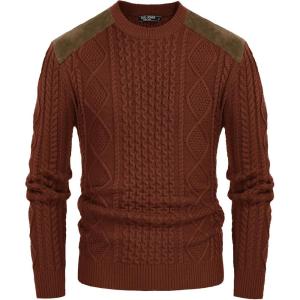 PJ PAUL JONES Mens Sweater Military Cable Knit Crewneck Vintage Long Sleeve Pulllover Sweaters with Suede Patchwork(Brown)