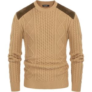 PJ PAUL JONES Mens Sweater Military Cable Knit Crewneck Vintage Long Sleeve Pulllover Sweaters with Suede Patchwork(Camel)