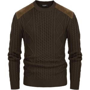 PJ PAUL JONES Mens Sweater Military Cable Knit Crewneck Vintage Long Sleeve Pulllover Sweaters with Suede Patchwork(Coffee)