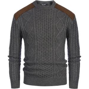 PJ PAUL JONES Mens Sweater Military Cable Knit Crewneck Vintage Long Sleeve Pulllover Sweaters with Suede Patchwork(Dark Grey)