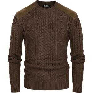 PJ PAUL JONES Mens Sweater Military Cable Knit Crewneck Vintage Long Sleeve Pulllover Sweaters with Suede Patchwork(Khaki)