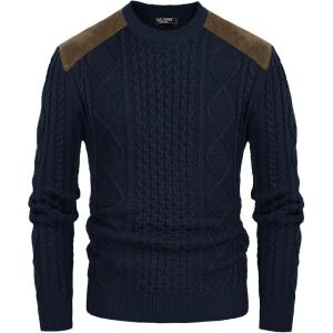 PJ PAUL JONES Mens Sweater Military Cable Knit Crewneck Vintage Long Sleeve Pulllover Sweaters with Suede Patchwork(Navy Blue)