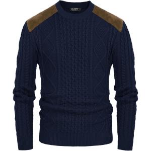 PJ PAUL JONES Mens Sweater Military Cable Knit Crewneck Vintage Long Sleeve Pulllover Sweaters with Suede Patchwork(Navy Blue B)