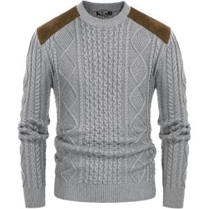 PJ PAUL JONES Mens Sweater Military Cable Knit Crewneck Vintage Long Sleeve Pulllover Sweaters with Suede Patchwork(Silver Grey)